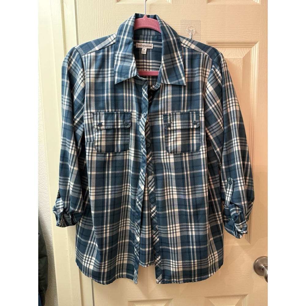 Croft & Barrow Womens Plaid Button Up Top Blue White Roll Tab Sleeve Medium